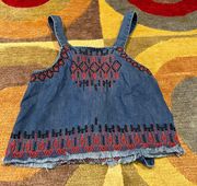 BLANK NYC Denim High Neck Embroidery Frayed Crop Tank Top Back Tie Women’s Small