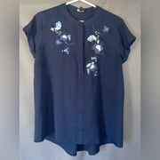 Vera Wang Large Navy Floral Embroidered Blouse