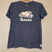 Roots Canada Logo Beaver Marled Blue Short Sleeve Shirt Women Size S