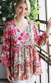 Jodifl Pink Floral Tiered Babydoll Boho Peasant Blouse - Size Small - Cottage