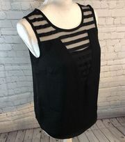 METAPHOR Tank Top Black w Sheer Striped Neckline-Small