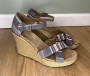 Tom's Striped Sandals Espadrille Wedge Gray Canvas Cross Beach Vacation Women 7