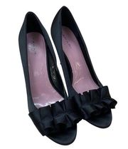 WOMEN'S SHOES SZ 9 SLOAN BLACK SATIN HEELS RUFFLE TOP LEATHER SOLE 3.5"