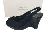 Coldwater Creek Womens Black  Suede Rose Sling Wedge Peep Toe Sandals 8.5 M NEW