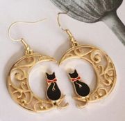 5/$20 Black Kitty Cat Crescent Moon Dangle Drop Gothic Earrings