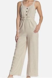 Romeo + Juliet Couture Tan Linen Blend Pin Striped Jumpsuit Size Medium