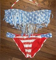 Patriotic Bikini Red, White, & Blue. Fringing tie neck top with hook back strap.