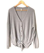 WISHLIST GREY WAFFLE KNIT LONG SLEEVE KNOT FRONT TOP