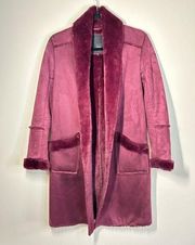 River Island Shearling Dark Maroon Plum Fur Trim Long Midi Coat Jacket