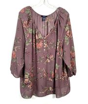 Muted Purple Chiffon Floral Henley Button Plus Size Blouse 2X Cottage Core