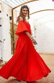 Audrianna Tomato Red Pleated Off The Shoulder Maxi Dress Small