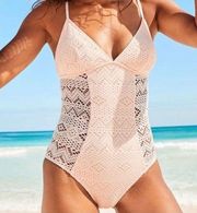 Adore Me Crochet Boho Cutout One Piece Cream Swimsuit Size M NWT