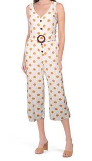 Monteau Jumpsuit Linen Blend Ivory Gold Belted Polka Dot Button Front Size S