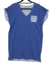 T-Shirt Dress Large Blue White Striped Knee Length Cap Sleeve