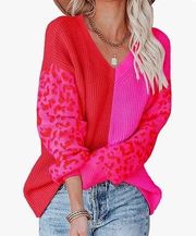 Red & Pink Two Toned V Neck Knit Pullover Leopard Print Sweater