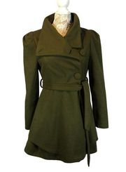 Boutique Green high neck side closing big sleeves buttons belted coat size small