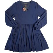 NWT Women's Small Navy Blue Long-Sleeve Tiered Dress Knee Length V-Neck Cowgirl