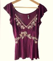 Magenta Embroidered and Beaded Top with Flutter Sleeves