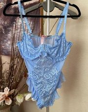 Sugar Thrillz x Dolls Kill Blue Lace Butterfly lingerie Print Bodysuit size L