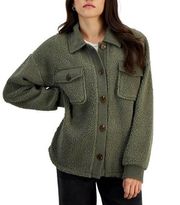NEW Hippie Rose Juniors' Sherpa Contrast-Trimmed Shacket, Smokey Olive Size XL