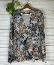 Buckle Gimmicks Floral Mesh Sheer Bell Sleeve Top