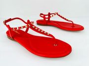 Salvatore Ferragamo Tahiti Embellished Coral Leather Thong Logo Flat Sandals 9.5