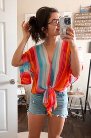 Orange Pink Stripe Flowy Tie Waist Coverup Blouse