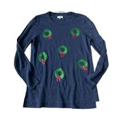 CROWN & IVY Christmas Wreath Navy Blue Sweater Size Medium