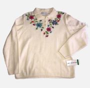 Chenille Knit Floral Embroidered Granny Sweater Ivory Cream Large Off White