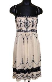 Yoana Boraschi Anthropologie Cream Silk Fit & Flare Dress with Black Embroidery