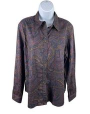 Chaps Dark Multicolor Paisley Long Sleeve Button Up Collared Top XL NWT