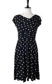 A-line Dress Ruched Cap Sleeves Black Polka Dot Women’s Size 6P Petite