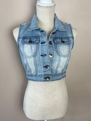 Ci Sono Cropped Denim Vest Womens Sz S Blue Button Up Back Lace Details Pockets