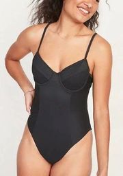 NWT  Black Textured-Rib High-Cut One-Piece Swimsuit - XS