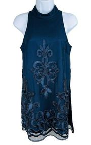 Belle Badgley Mischka Blue Sleeveless Embroidered Halter Tunic Top Blouse Size 2