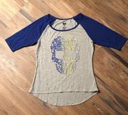 Royal blue and gray skull baseball tee