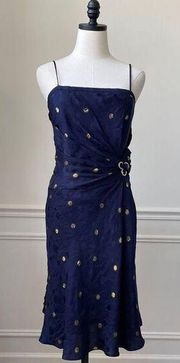 Nine West Dark Blue Silk Gold Metallic Dot Spaghetti Strap Dress 14