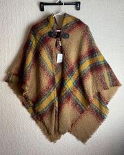 New Direction Sweater Poncho Light Brown Plaid Single Toggle Closure One…