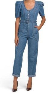 NWT Jessica Simpson Jumpsuit XL Med Wash Puff Sleeve Cuffed Scoop Neck Belted