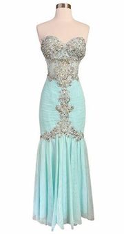 ASPEED Strapless Mermaid Gown Dress Rhinestone Mesh Sweetheart Gala Green Medium