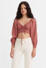 🥀 NEW Levi's Women's Devin Plaid Cropped Long Sleeve Puffy Ruched Blouse 🥀