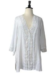 La Blanca Women's Embroidered Crochet Gauze V-neck White Swim Coverup Size XL