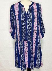 Southern Tide Blue Floral Longsleeve Dress V- Neck Roll-Tab Sleeve Sz S