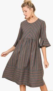 Raw Edge Boutique NWOT Striped 3/4 Bell Sleeve Round Neck Woven A-Line Dress S
