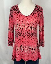 Dana Buchman Coral Pink Tunic V-Neck 3/4 Sleeve Confetti Pattern Blouse Sz Small