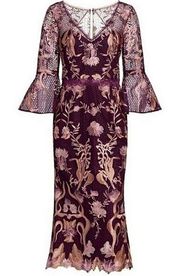 Marchesa Notte Guipure Plum Deep Purple Lace Floral Embroidery Midi Dress Size 0