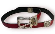 Leather Red Black Reversible Color-block Ornamental Belt Sz 28 S 43101