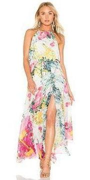 Bishop & Young Floral Watercolor Tie Neck Halter Keyhole Waist Tie Maxi Dress 