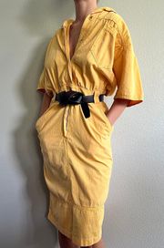 80s  Yellow Denim Midi Dress with Front Pockets & Collar