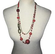 RED MULTI STRAND RETRO VIBRANT ARTISTIC FUSION LONG NECKLACE